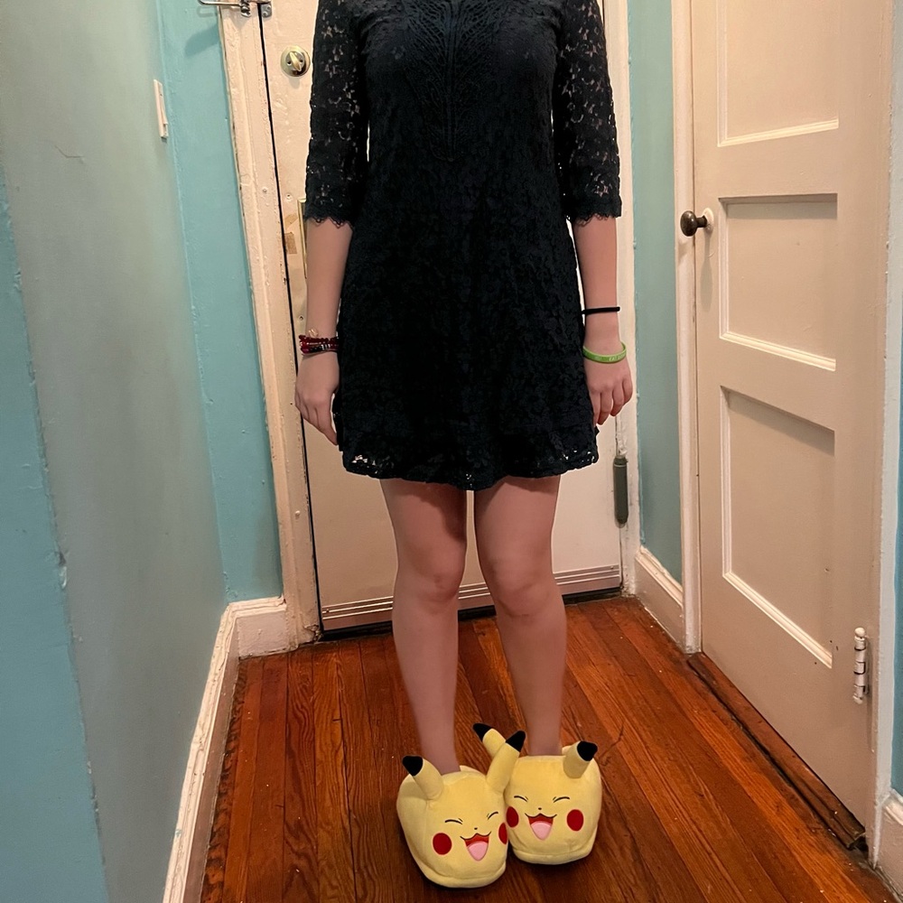 - Black Lace Dress with Pikachu Slippers